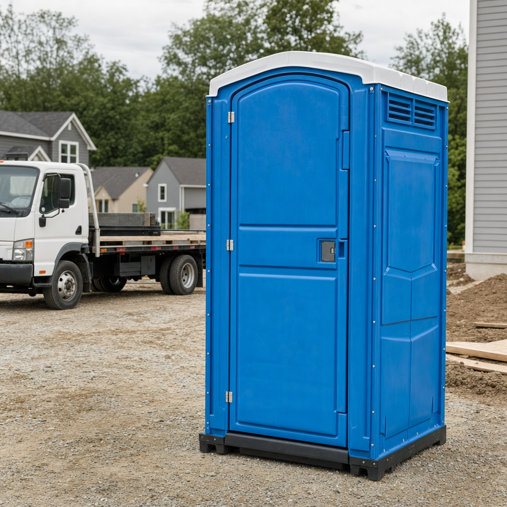 Delivery driver positioning a clean royal-blue portable toilet on level ground at a Medford worksite