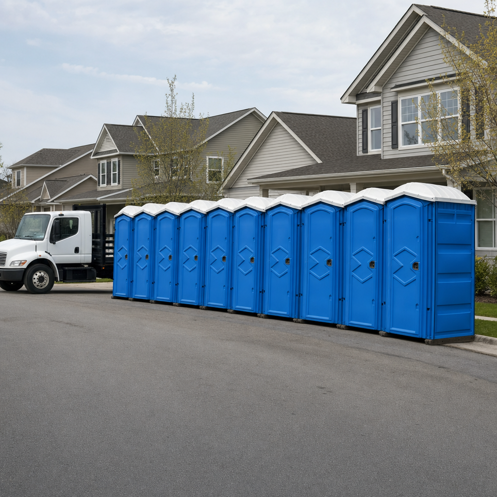 Royal blue portable toilets staged in a tidy row at a Medford jobsite, ready for delivery